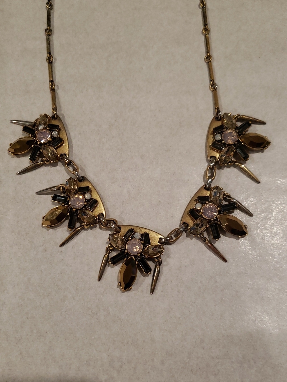 J Crew Vintage Statement Necklace - Smoky, Black, Pink Crystals Spikes Art Deco